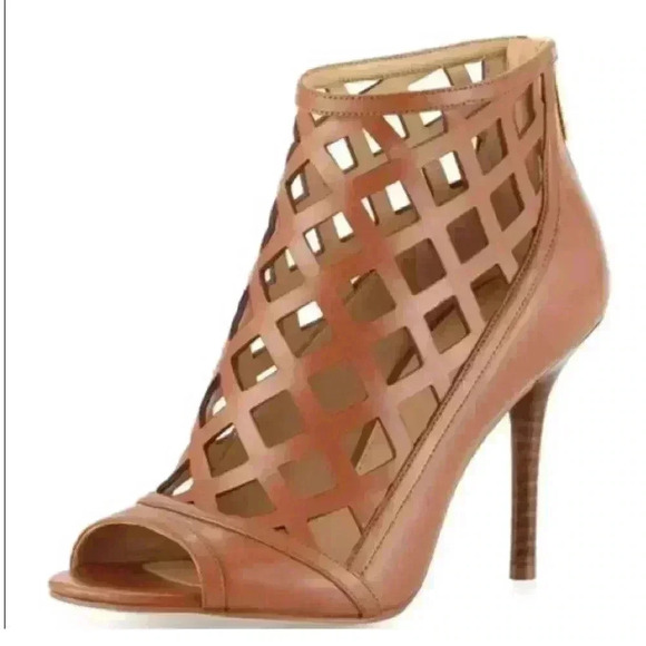 Michael Michael Kors Yvonne Tan Leather Cut Out Rear Zip Open Toe Stiletto 8M - Picture 3 of 10